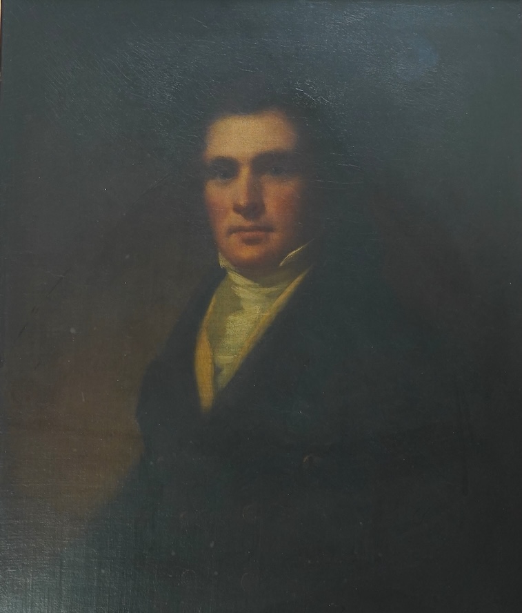 English School, 19th century, A portrait of a gentleman wearing a cravat and frock coat